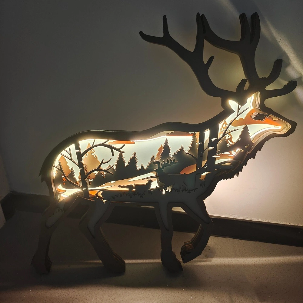 Deer Wooden Animal Statues, for Home Desktop & Room Wall Decor, Gift for Christmas, New Year