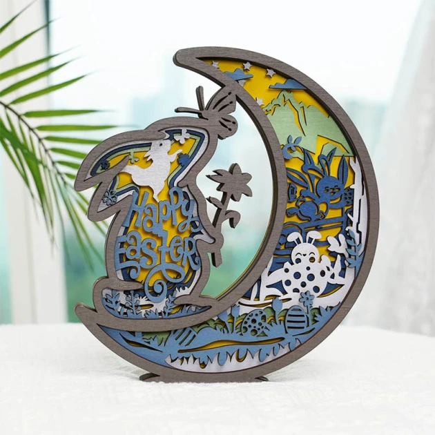Moon Rabbit 3D Wooden Ornament, Bedroom Decor, Gifts for Pet Lovers, Kids Love
