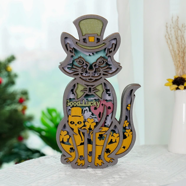 St. Patrick's Cat 3D Wooden Ornament,Bedroom Decor,Gifts for Pet Lovers,Kids Love