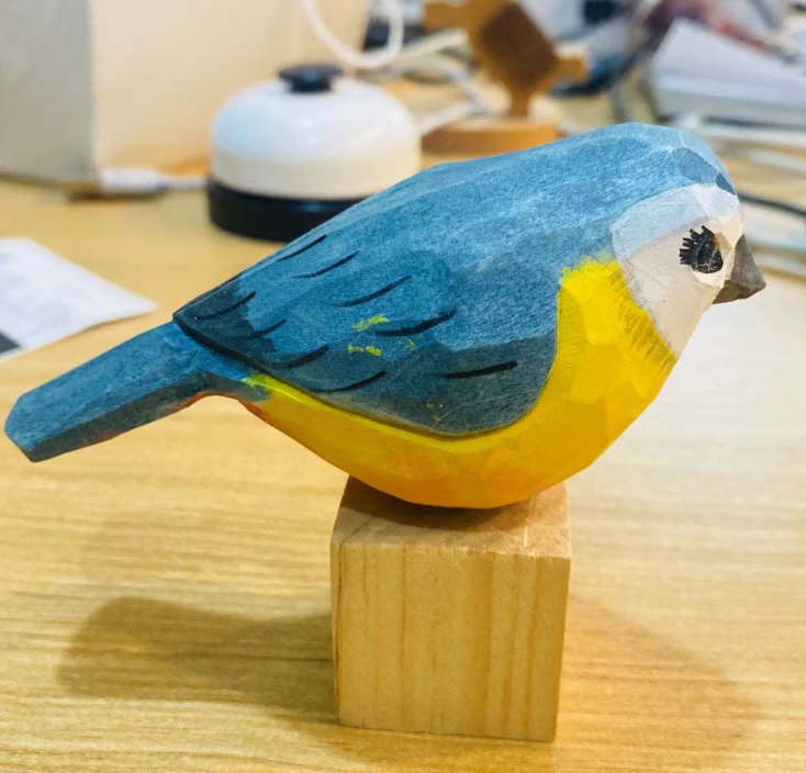 Hand Carved Wooden Blue Tit Bird Ornament