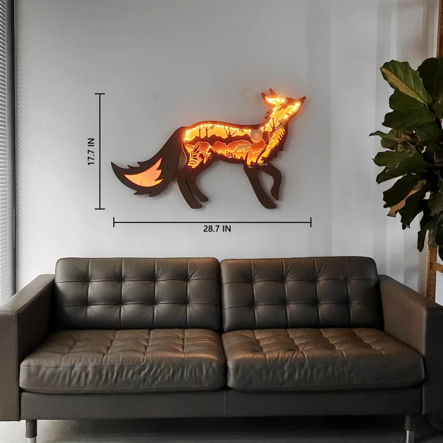 Fox Wooden Animal Statues, for Home Desktop Decor Room Wall Decor, LED Night Light