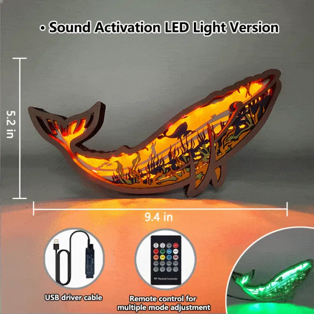 Blue Whale 3D Wooden Carving,Suitable for Home Decoration,Holiday Gift,Art Night Light